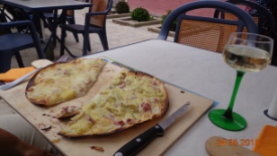 Tarte Flambe or Flamkoeken depending on where you think the French / German border should be - complete with local 'stinky' Munster cheese :)